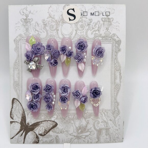 Purple Long Stiletto Press On Nails with Rhinestone 2D Flowers – Small Size - Picture 1 of 6